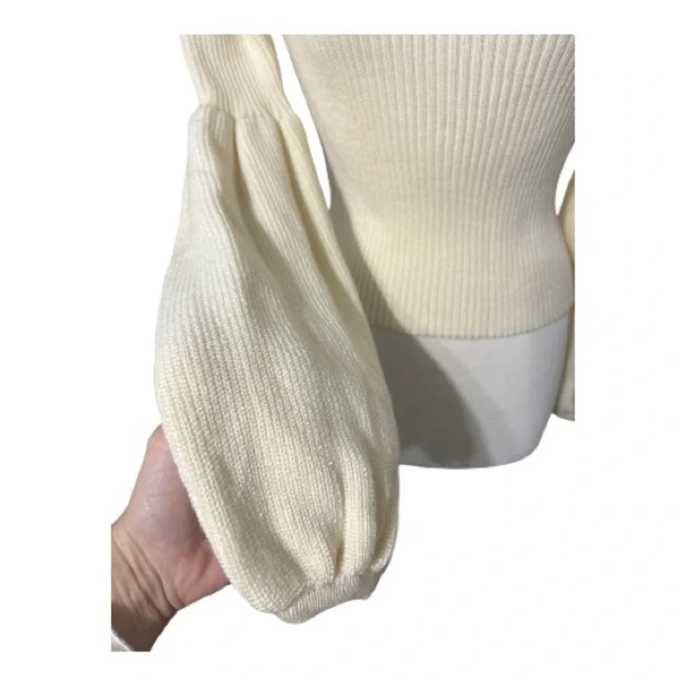 KSENIA SCHNAIDER, Cream Ribbed Knit Sweater with Balloon Sleeves - Picture 2 of 6